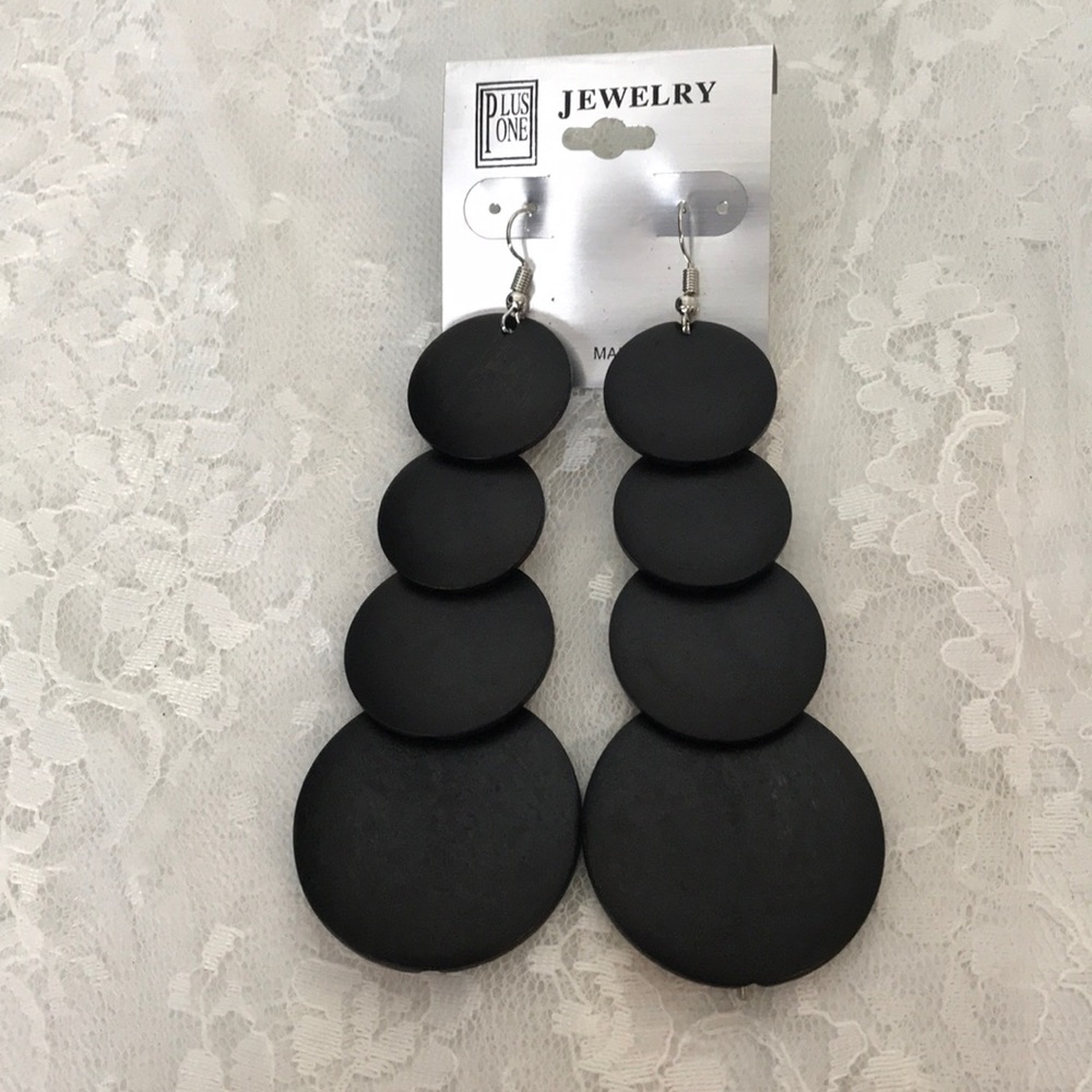 Wood Disc Dangle Earrings - Brown Black Color